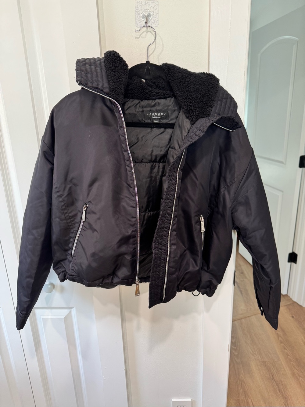 Laundry By Shelli Segal Black Puffer Bomber with Sherpa-Lined Collar
